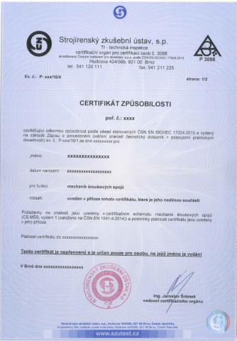 Prodloužení certifikace - Odborné způsobilosti personálu k montáži šroubových spojů